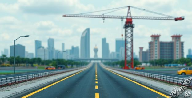Una imagen de una carretera en construcción con una grúa en primer plano y un fondo de edificios gubernamentales, simbolizando la inversión en infraestructuras.