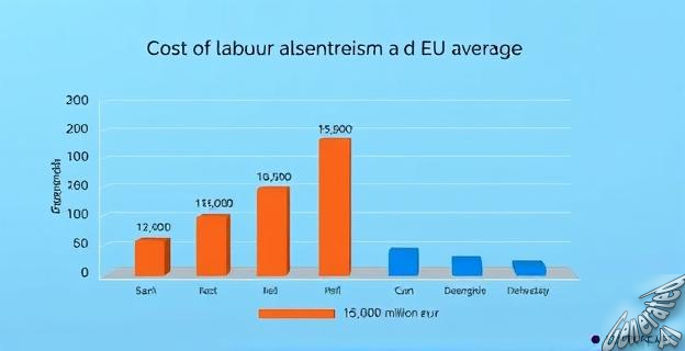 Gráfico que muestra la comparación del coste del absentismo laboral entre España y la media de la UE, con barras que representan los 15.000 millones de euros en España y la mitad en la UE.