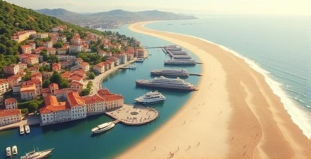 Imagen de un pueblo costero español con canales navegables y casas junto al agua, rodeado de naturaleza y con una playa extensa
