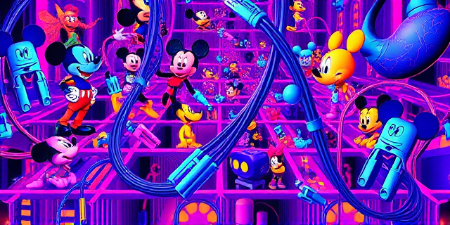 Ilustración digital abstracta. Un laberinto infinito de personajes y objetos icónicos de Disney, entrelazados con cables y circuitos. Colores vibrantes y saturados, estilo Pop Art y surrealista. Énfasis en la idea de conexiones ocultas y referencias cruzadas. Sin rostros reconocibles, solo siluetas y símbolos.