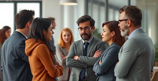 Una imagen que representa una conversación tensa entre varias personas en un entorno laboral o social, con expresiones de negatividad, críticas y falta de empatía. El ambiente es tenso y poco acogedor.