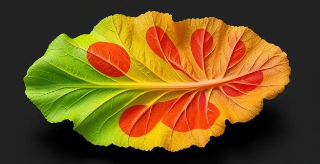 Imagen de una hoja de lechuga con zonas hidrofílicas y hidrófobas resaltadas mediante un diagrama de color. La imagen debe mostrar la superficie de la hoja con diferentes colores para representar las zonas con distintas propiedades químicas.