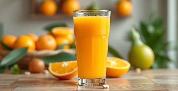 Un vaso de zumo de naranja fresco sobre una mesa con un fondo de frutas y elementos naturales, representando salud y bienestar.