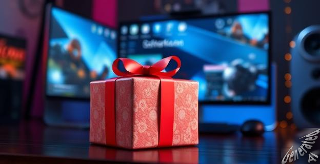 Una imagen de un paquete de regalo con un fondo de juegos de PC