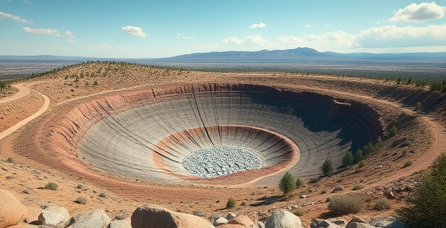 Un parque estatal con un gran cráter volcánico erosionado donde la gente busca diamantes y otras piedras preciosas, rodeado de áreas de picnic y senderos para caminar.