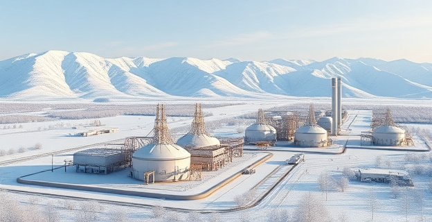 Instalaciones de extracción de gas natural en un paisaje invernal con montañas nevadas al fondo