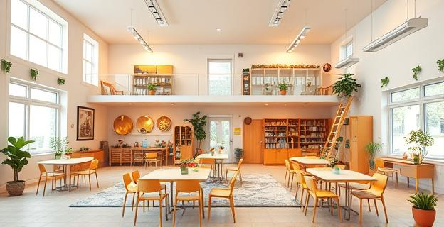 Centro comunitario con tres plantas, sala de entrenamiento, sala sensorial y cafetería, donde jóvenes adultos con discapacidad aprenden y trabajan en un ambiente de apoyo