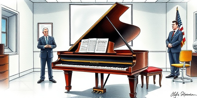 Una ilustración satírica estilo caricatura editorial. Un piano de cola elegante en medio de un despacho gubernamental frío y gris. Sobre las teclas del piano, en lugar de partituras, hay contratos oficiales y sellos administrativos. Al fondo, una sombra borrosa de un músico profesional escribiendo notas mientras un hombre con traje observa con aire de superioridad. Estilo artístico de tinta y acuarela con colores apagados.