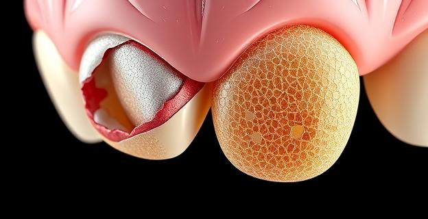 Imagen de un diente humano con una parte del esmalte dañada y otra regenerada, mostrando la diferencia entre ambas zonas con una visualización nanométrica de cristales de apatita alineados