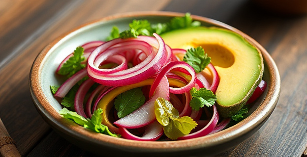 una imagen de una ensalada fresca con cebolla encurtida y aguacate, presentada en un plato de cerámica rústica con un toque de colores vibrantes