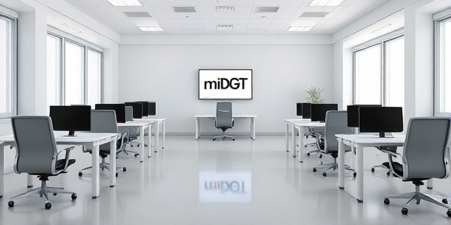 Una oficina vacía con sillas y mesas desiertas, un operario ausente y una pantalla de ordenador con la aplicación miDGT en segundo plano