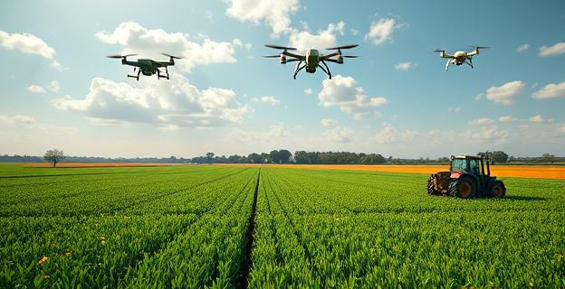 Campo de cultivo con tecnología agrícola avanzada, incluyendo tractores con GPS y drones sobrevolando el área, con un cielo parcialmente nublado y un sol brillante.