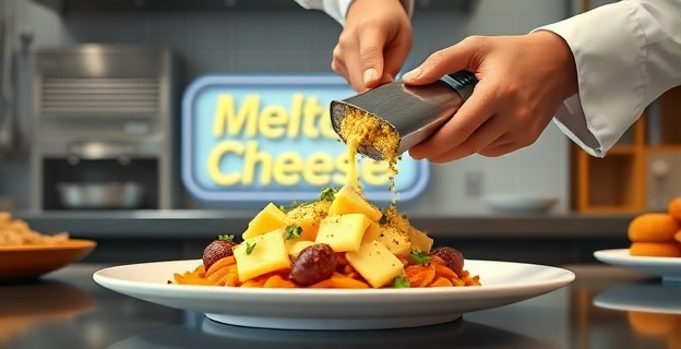 Una imagen de una cocina de alta gama con un chef rallando queso de alta calidad sobre un plato gourmet, con una etiqueta de 