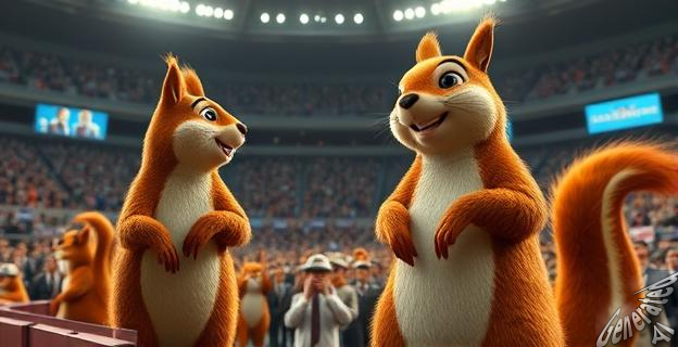 Un mitin político en un estadio con gente disfrazada de ardillas, con personas de gran estatura vestidas de ardillas.
