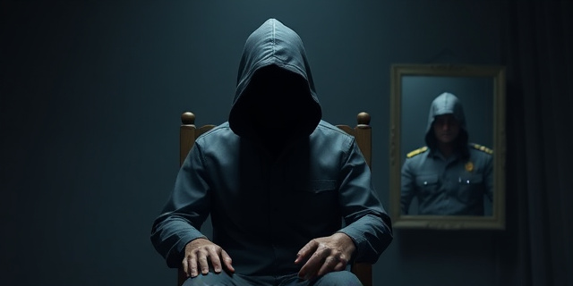 Una imagen de una persona encapuchada y atada a una silla, con un fondo de una habitación oscura y llena de sombras. En la esquina, una figura de un hombre con un uniforme de la Brigada Político-Social, con la cara oculta detrás de un espejo de dos caras.