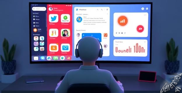 Ilustración de una persona frente a una pantalla con varias ventanas de aplicaciones de redes sociales y ChatGPT