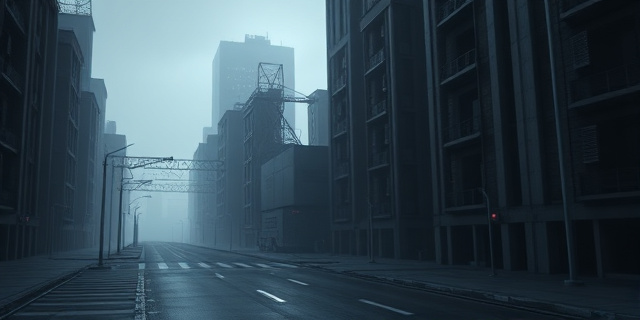 Una imagen de una ciudad oscura y sin luz, con edificios y calles vacías. En el centro de la imagen, un gran generador de electricidad está apagado.