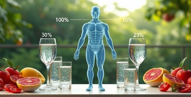 Un gráfico que muestra un cuerpo humano con porcentajes de agua superpuestos en diferentes partes, con vasos de agua y frutas jugosas alrededor, en un entorno de naturaleza.