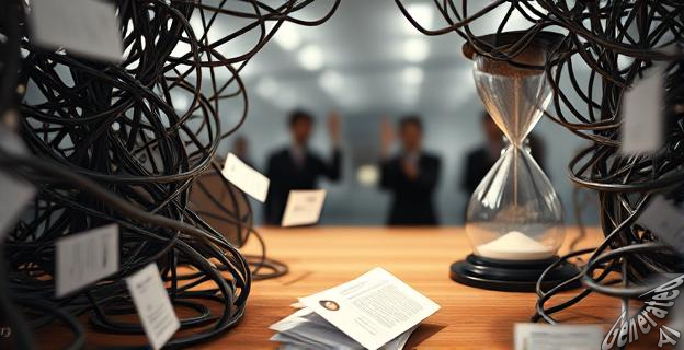 Una maraña de cables y circuitos interconectados formando una barrera densa, con documentos y currículums digitales flotando alrededor, sin poder atravesarla. Al fondo, un reloj de arena que muestra cómo el tiempo se agota, y figuras humanas difuminadas intentando alcanzar algo inalcanzable. Un ojo robótico escanea incansablemente los documentos.