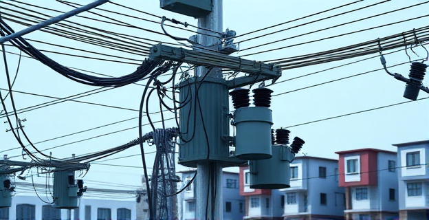 Una red eléctrica saturada con cables y transformadores al límite de su capacidad, mientras al fondo se ven edificios de viviendas sin iluminar