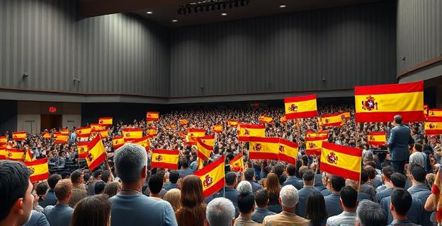 Una multitud en un auditorio universitario con pancartas y banderas españolas, mientras se celebra un acto institucional con discursos políticos