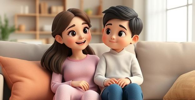 Una imagen de una madre y su hijo sentados en un sofá, con expresiones de cercanía y confianza, en un ambiente hogareño y acogedor.