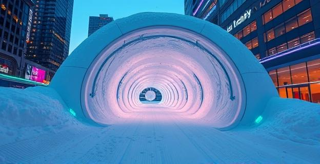 Un túnel giratorio gigante de esquí con nieve real en medio de una ciudad, iluminado con luces de colores y rodeado de arquitectura moderna