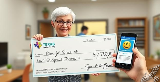 Una jubilada sonriente con un cheque gigante de lotería en una oficina de Texas, con una aplicación de teléfono móvil al fondo mostrando la app Jackpocket Lottery.