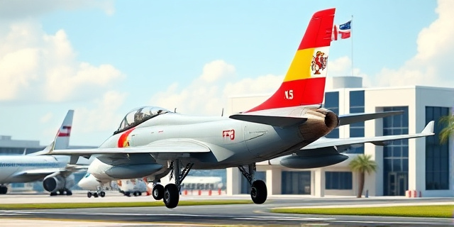 Una aeronave militar española aterriza en un aeropuerto de República Dominicana, con una bandera española ondeando en el fuselaje. Al fondo, un edificio gubernamental con una bandera dominicana.