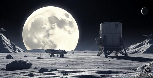 Ilustración de la Luna con un telescopio gigante y cohetes de transporte en la superficie lunar