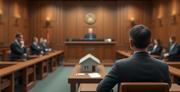 Una escena judicial con un hombre serio sentado en el banquillo de los acusados, con un ambiente tenso en la sala. Al fondo, un juez y varios abogados. En el centro de la sala, una mesa con documentos y un pequeño modelo de una casa.