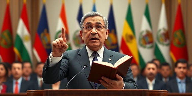 Un presidente de un país latinoamericano hablando en un acto oficial, con un fondo de banderas y una audiencia atenta. El presidente tiene un libro en la mano y señala con el dedo mientras habla. La escena es de un tono serio y controvertido.