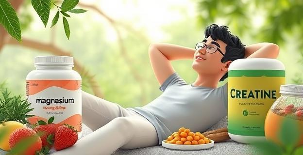 Imagen de una persona relajándose en un entorno natural con elementos que representan los suplementos mencionados: frascos de magnesio, omega-3 y creatina, rodeados de alimentos saludables y elementos de la naturaleza.