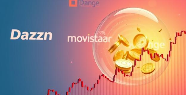 Imagen de una burbuja económica explotando con logos de Dazn, Movistar y Orange al fondo, con un gráfico de acciones cayendo en primer plano