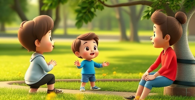 Una escena en un parque donde un niño está aprendiendo a expresar sus emociones de manera respetuosa, con un adulto que le habla de forma calmada y le enseña a identificar sus sentimientos.