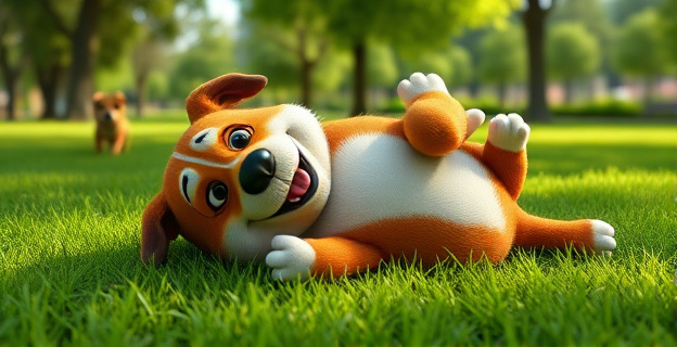 Un perro revolcándose en un parque verde y soleado, con expresión de felicidad y relajación, mientras otros perros juegan al fondo.