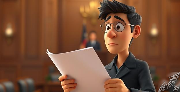 Una persona con un documento en la mano mira hacia un lado con una expresión de sorpresa o duda. Al fondo, una imagen borrosa de un tribunal o una sala de reuniones.