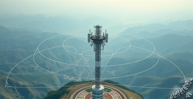 Una imagen de una antena gigante en el centro de China, con líneas que se despliegan a lo largo de kilómetros, rodeada de montañas y valles.