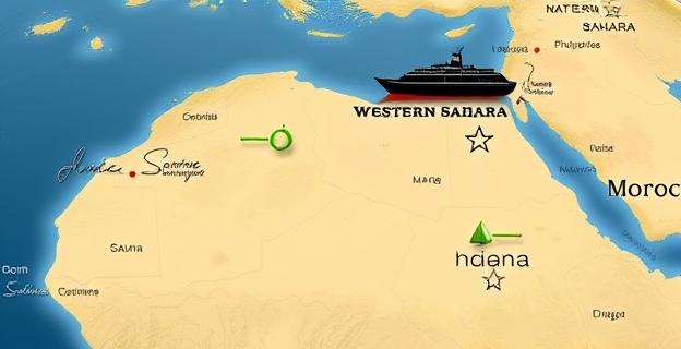 Imagen de un mapa del Sáhara Occidental y Marruecos con símbolos de recursos naturales como fosfatos y posibles hidrocarburos, y una silueta de un barco en la costa atlántica.