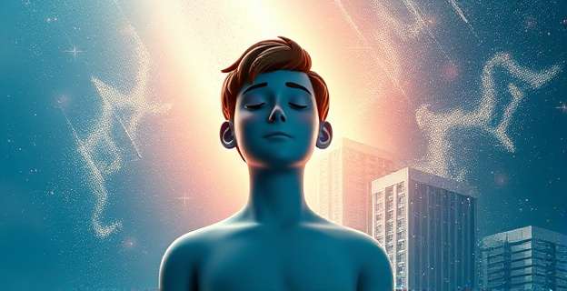 Una representación visual de una persona reflexiva en un entorno dinámico, mostrando conciencia y calma.