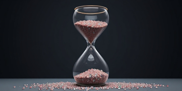 Una ilustración conceptual y satírica. Un reloj de arena gigante donde la arena son pequeñas joyas y diamantes brillantes. En la parte superior, una caja fuerte abierta y vacía. Estilo editorial de revista, colores contrastados, fondo minimalista gris oscuro, iluminación dramática sobre las gemas.