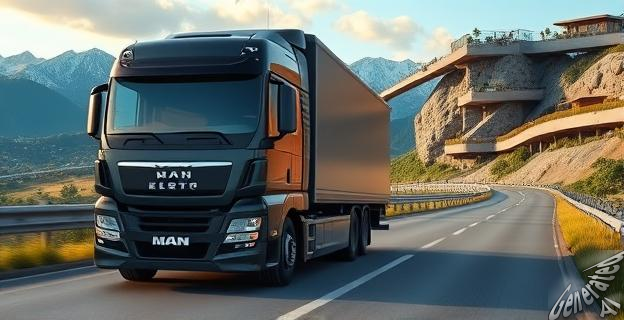 Un camión eléctrico de MAN circulando por una carretera europea con un paisaje montañoso al fondo.