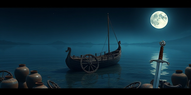 A tranquil Swiss lake at dusk, its crystalline waters revealing the faint outlines of a sunken Roman ship. Scattered around the wreck are amphorae, chariot wheels, gladii swords, ceramic plates, and a wooden plank, all bathed in soft, filtered light that makes the ancient artifacts glow against the deep blue backdrop.