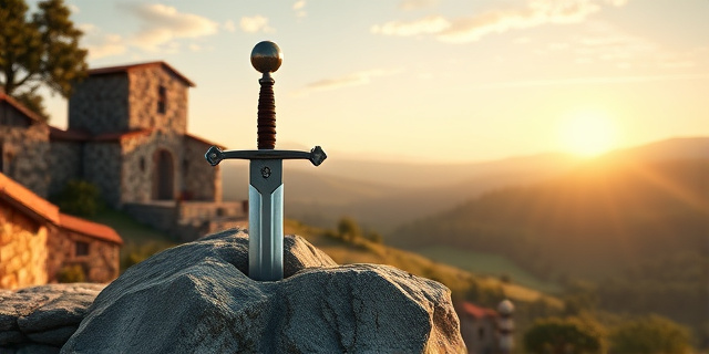Un paisaje idílico de la Toscana con una colina de piedra y un pequeño capilla de mármol, iluminado por la luz de la tarde. En el centro, una espada de acero medio enterrada en la roca, con el mango cruzado y un velo de plexiglás transparente. La escena transmite un aire de misterio y veneración, con sombras que resaltan la textura de la piedra y la elegancia del hierro.