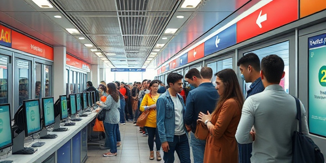 Una oficina de transporte en Madrid, con una larga fila de clientes de diversos orígenes, tarjetas de transporte en mano, computadoras y un ambiente urbano típico de la capital.