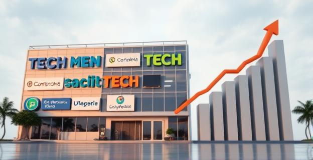 Edificio de oficinas corporativas con logotipos de empresas tecnológicas y gubernamentales, con un ambiente de seriedad y profesionalismo. Al fondo, un gráfico de barras mostrando un aumento en la facturación.