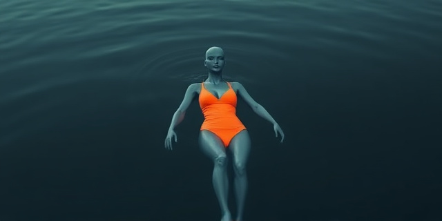 Ilustración digital de un maniquí de playa con un bañador de color naranja neón brillante, flotando en un agua turbia y oscura. El estilo debe ser minimalista y conceptual, con un enfoque en el contraste entre el color vibrante y el ambiente sombrío. Incorporar reflejos de luz en el agua para enfatizar la visibilidad del color neón. La composición debe ser abstracta, sin elementos figurativos adicionales.
