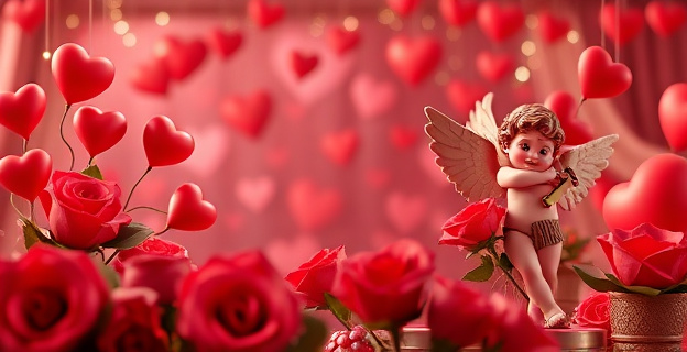Una representación artística del Día de San Valentín con corazones rojos, rosas y Cupido en un entorno festivo y romántico, sin caras de personas reales.
