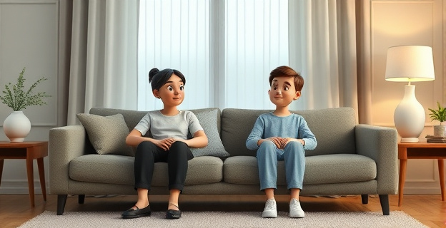 Una pareja sentada en un sofá, separados por un espacio vacío, con expresiones pensativas y distantes, reflejando desconexión emocional en un ambiente hogareño