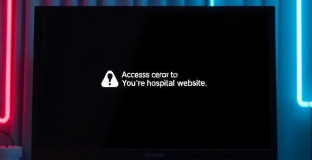 Una pantalla de ordenador mostrando un mensaje de error de acceso a una página web de un hospital, con un fondo oscuro y luces de neón representando conexiones de red interrumpidas.